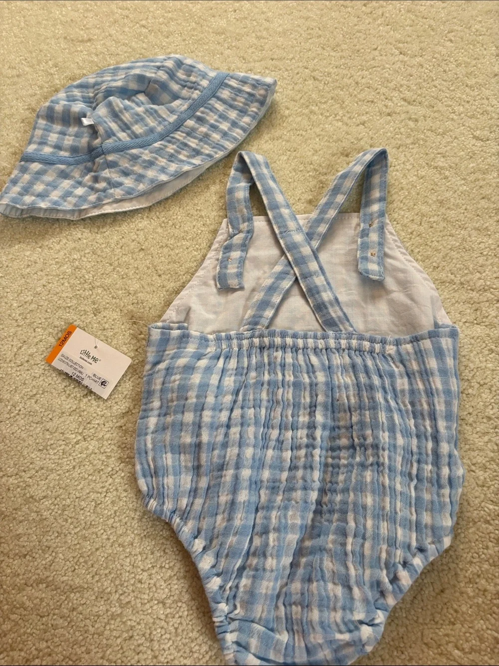 Infant Boys Little Me 100%Cotton Blue Gingham Romper with Matching Sun Hat
